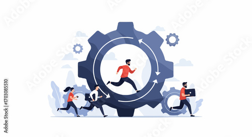 A team runs through a large gear mechanism, symbolizing fast-paced teamwork and dynamic business processes.