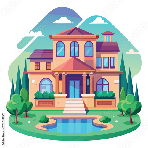 Grand mansion with pool and lush green surroundings