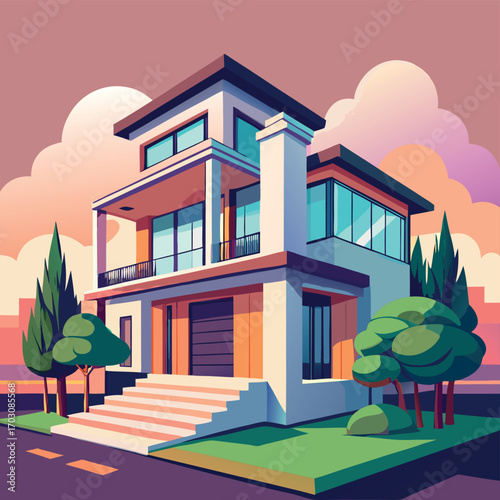 Modern mansion house with lush greenery and sky view