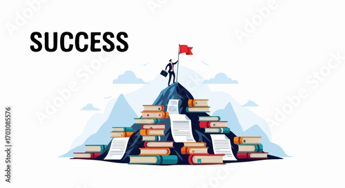 A triumphant businessman stands atop a mountain of books and documents, triumphantly holding a red flag, signifying achievement and success.