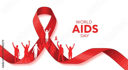 flat vector poster illustration for World AIDS Day, minimalist red and white theme, large symbolic ribbon with abstract people silhouettes raising awareness, modern graphic style