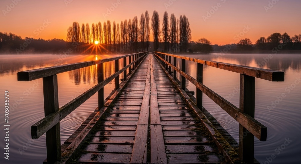 Fototapeta premium Tranquil lake view with the wooden bridge at dawn for contemplation
