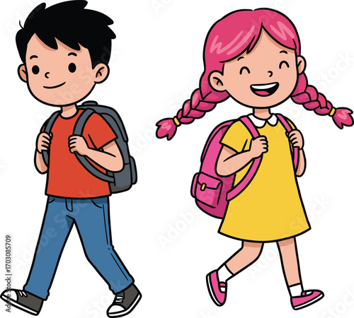 Smiling cartoon children walking to school, cute boy and girl with backpacks, back to school concept, educational kids illustration