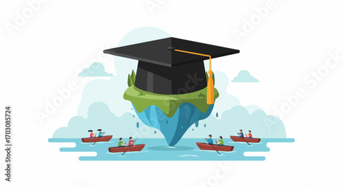 Students row towards a graduation cap floating on a tranquil island, symbolizing the journey to academic achievement.
