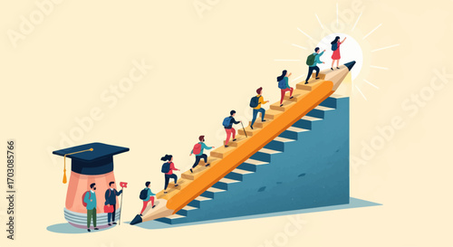 Students ascend a giant pencil staircase, guided toward a bright future, symbolizing education's transformative power.