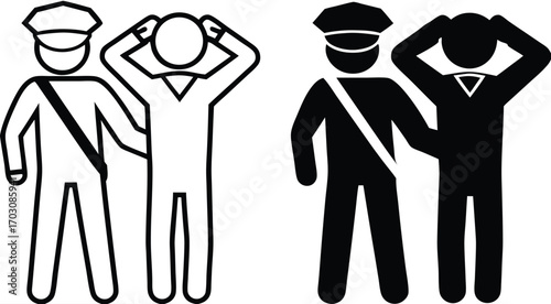 Arrest Icons. Black and White Vector Illustrations. Policeman Detains Offender. Temporary Restriction of Rights of an Individual. Justice Concept

