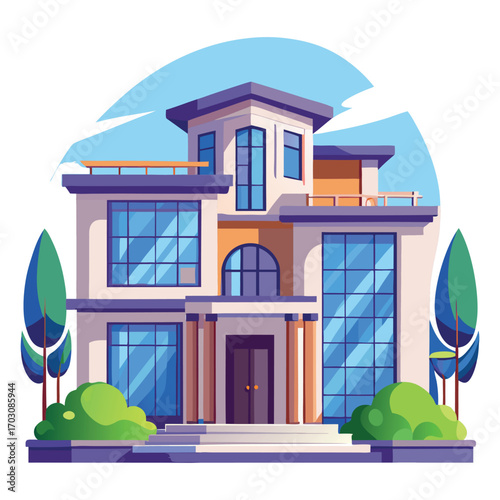 Modern mansion house exterior with trees and sky elements