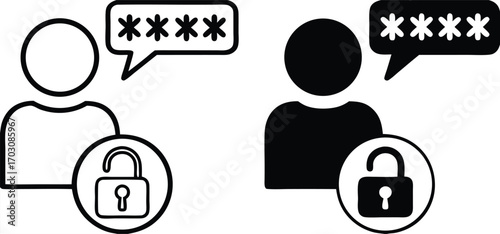 User Icons. Black And White Vector Illustration. Person Interacting With a Computer System, Software, Or Website. Password And Data Security Concept

