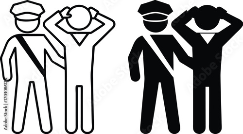 Arrest Icons. Black and White Vector Illustrations. Policeman Detains Offender. Temporary Restriction of Rights of an Individual. Justice Concept

