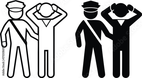 Arrest Icons. Black and White Vector Illustrations. Policeman Detains Offender. Temporary Restriction of Rights of an Individual. Justice Concept

