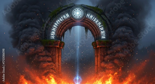 A monumental, stone archway, adorned with ancient runes, stands as a gateway amidst a landscape of fiery destruction and swirling smoke, bathed in a mystical light.