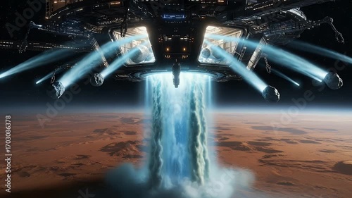 Massive futuristic spaceship emitting blue energy over a red alien planet, advanced extraterrestrial technology