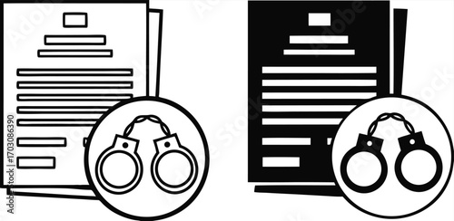 Court Warrant Icons. Black and White Vector Illustration. Legal Document and Handcuffs. Written Court Order to Arrest or Search a Suspect. Justice Concept

