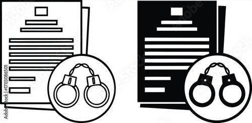 Court Warrant Icons. Black and White Vector Illustration. Legal Document and Handcuffs. Written Court Order to Arrest or Search a Suspect. Justice Concept


