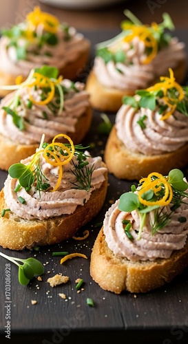 Appetizing open-faced sandwiches topped with a delicate pink spread, garnished with vibrant orange zest, fresh herbs, and microgreens, displayed on a dark wooden board.