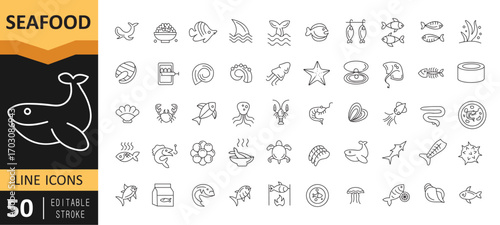 Seafood vector line icon set. Fish, Meat, Seashell, Mussel, Lobster, Brochette, Octopus, Sea urchin, Editable stroke. Vector illustration.eps