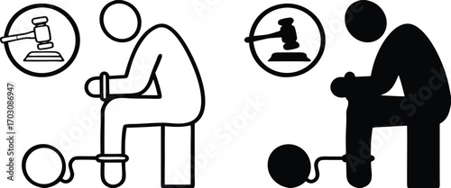 Guilty Icons. Black and White Vector Illustrations. Criminal in Handcuffs and Judge's Gavel. Man Who Committed a Crime. Justice Concept

