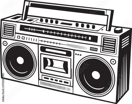 Vintage Boombox Portable Stereo Cassette Player Audio System Illustration