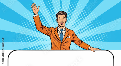 A cheerful businessman in an orange suit waves hello from behind a blank sign against a vibrant pop art background.