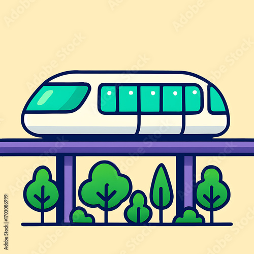 Modern elevated train traveling through a green park with trees under a clear sky