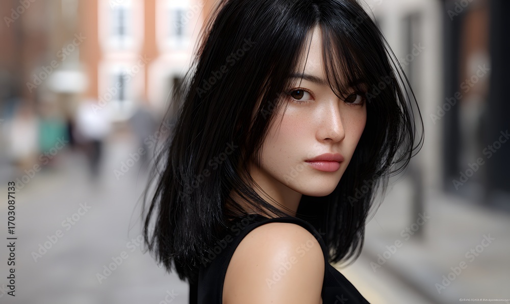 Obraz premium a beautiful 40years Asian woman, hime cut hairstyle with straight black hair and blunt side locks framing her face,