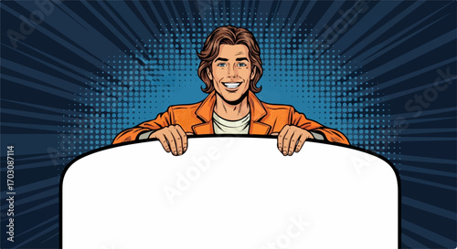 A smiling man in an orange jacket cheerfully presents a blank white sign against a vibrant pop art background.