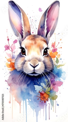Watercolor rabbit portrait with floral background
