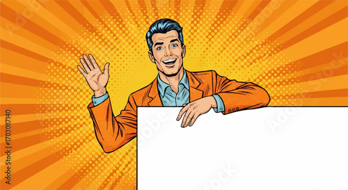 A cheerful man in an orange jacket waves and points to a blank sign against a vibrant pop art background.