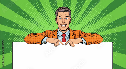 A smiling businessman in a vibrant orange jacket points at a blank white sign against a dynamic pop art green background.