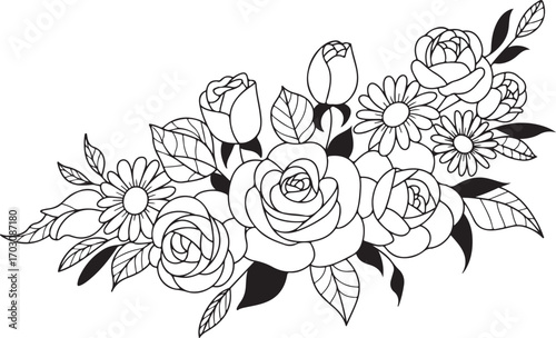 Floral Bouquet with Roses and Daisies Outlined, Decorative Flowers Vector Element