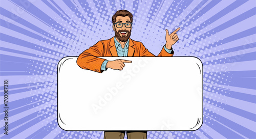 A joyful bearded man in an orange jacket enthusiastically points to a blank sign against a vibrant pop art background.