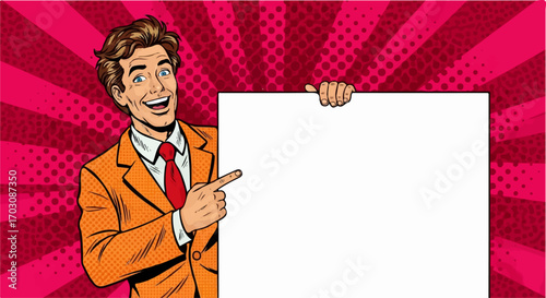 A joyful businessman in a vibrant orange suit points enthusiastically at a blank sign against a dynamic pop art background.