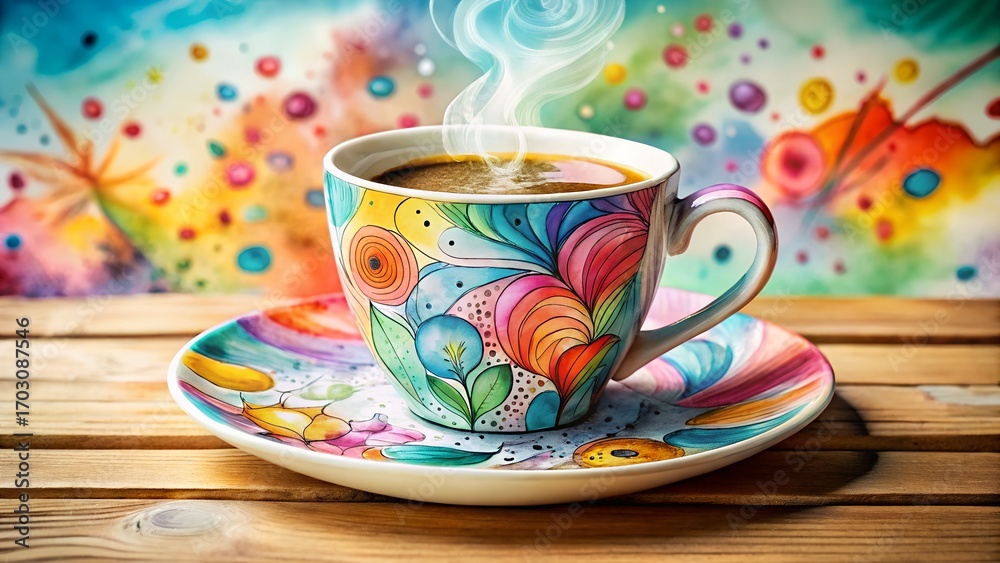 Fototapeta premium Colorful cup of coffee on wooden table
