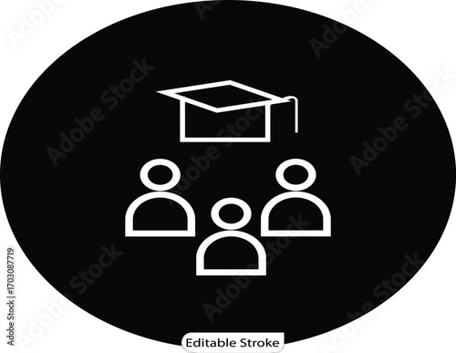 A minimalist icon showing a group of students under a graduation cap. Ideal for academic apps, educational websites, and learning program interfaces.