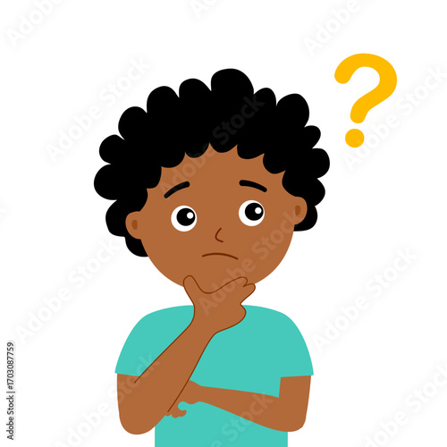 Little boy kid asking question flat style design vector illustration on white background. Cute boy thinking about something and question mark above him asking concept.