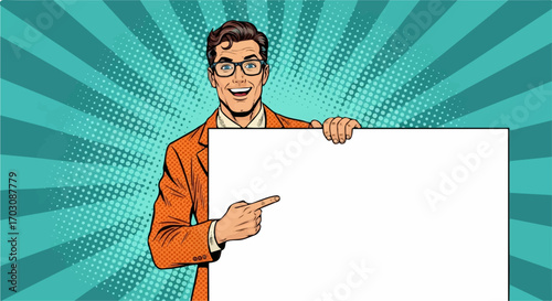 A cheerful businessman in a pop art style points to a blank white sign against a vibrant teal background.