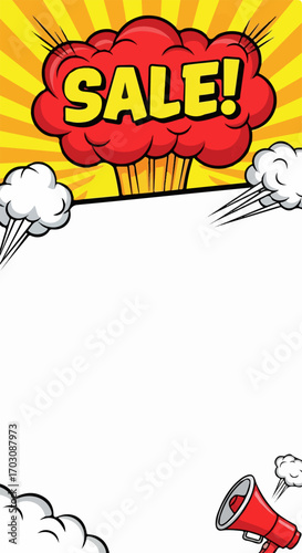 A vibrant comic book style SALE announcement explodes with energy, leaving space for your text, amplified by a megaphone.