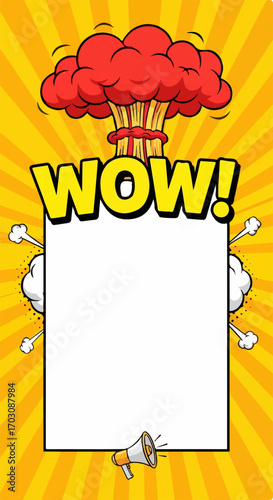 A vibrant pop art explosion announces "WOW!" against a sunny yellow ray background, featuring a blank rectangle perfect for your message.