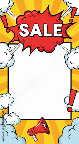 A vibrant pop art sale announcement explodes with energy, featuring a megaphone and blank space for text, creating an exciting and attention-grabbing design.