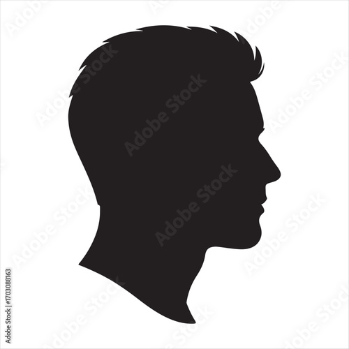Black silhouette of a man's head in profile. Vector illustration icon of a generic male face with a modern hairstyle, isolated on a white background