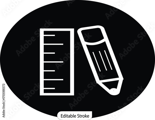 A minimalist line art icon of a pencil and ruler. Ideal for apps and websites related to education, design, engineering, and creative projects.