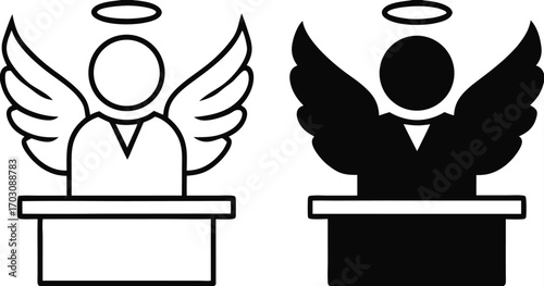 Innocence Icons. Black And White Vector Illustrations. Man With Wings And Halo Over His Head. Not Involved In Crime, Misdemeanor, Or Other Evil Deed. Justice Concept

