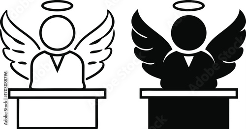 Innocence Icons. Black And White Vector Illustrations. Man With Wings And Halo Over His Head. Not Involved In Crime, Misdemeanor, Or Other Evil Deed. Justice Concept

