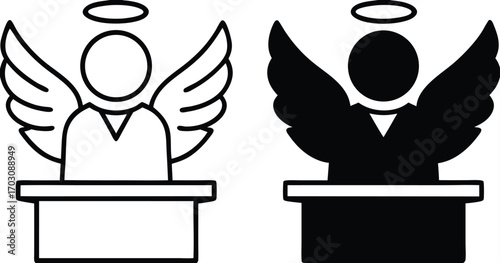 Innocence Icons. Black And White Vector Illustrations. Man With Wings And Halo Over His Head. Not Involved In Crime, Misdemeanor, Or Other Evil Deed. Justice Concept


