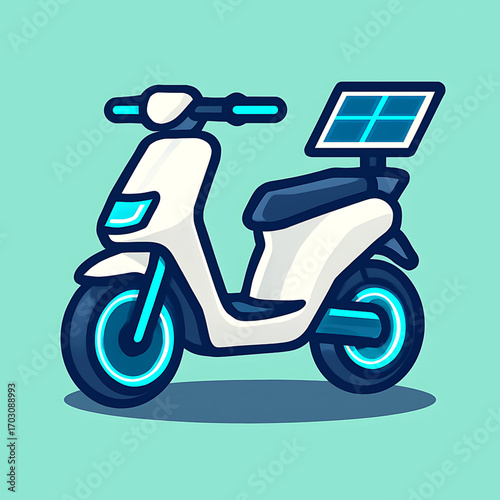 Modern white electric scooter with solar panel on the back, symbolizing eco-friendly urban transportation and renewable energy