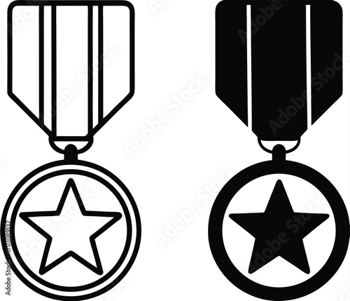 Honor Icons. Black and White Vector Illustration. Medal with Star. Honesty, Loyalty, Justice, Nobility. Reward Concept


