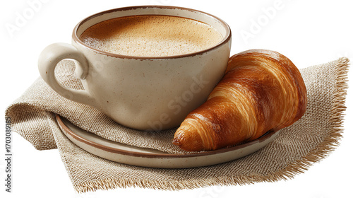 cup of coffee and croissant isolated on transparent white background