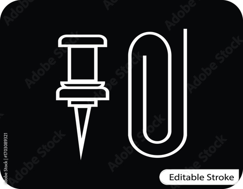 A minimalist line art vector icon showing a pushpin and a paper clip. Ideal for office, school, business, and creative project user interfaces.