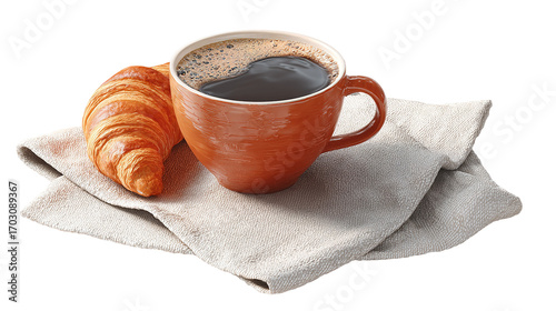 cup of coffee and croissant isolated on transparent white background