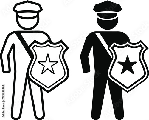 Authority Icons. Black and White Vector Illustrations. Policeman, Officer. Ability To Influence People's Behavior. Justice Concept

